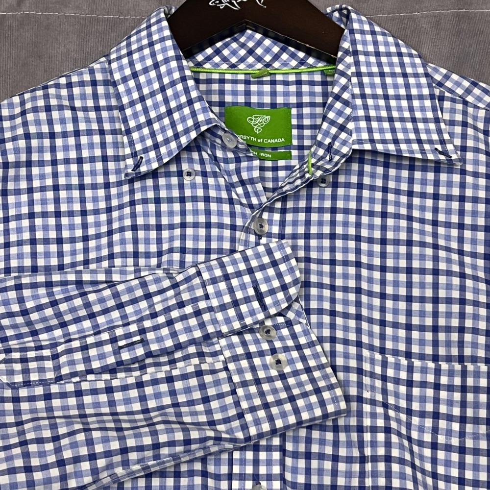Forsyth of Canada Button Down Mens XL Blue White Gingham Non-Iron Cotton